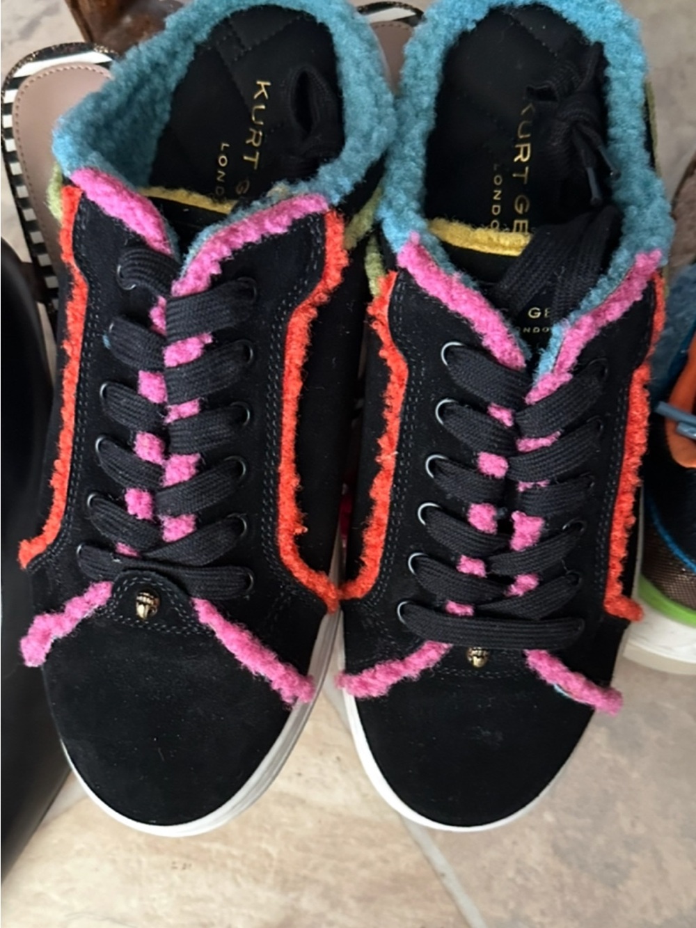 Kurt Geiger Black Suede Sneakers with Pink, Orange & Blue Trim